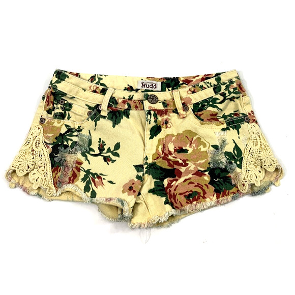 Mudd Denim Shorts Juniors 7 Yellow Floral Lace Shorttail Booty Cut Offs Distress - Picture 1 of 10